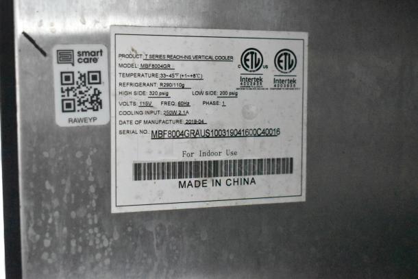 Label on T Series Reach-Ins Vertical Cooler, Model MBF8004GR, manufactured 2019, temperature 33-45°F, made in China.