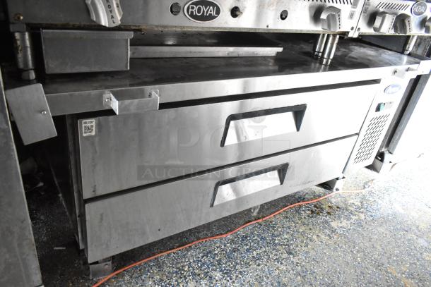 Stainless steel Royal brand food trailer appliance with dual drawers, clean condition, QR code tag visible.