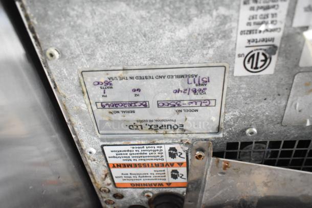 Metallic label on food trailer appliance showing model CUL-3500, serial number E111200619, voltage 208-240V, and 15A.