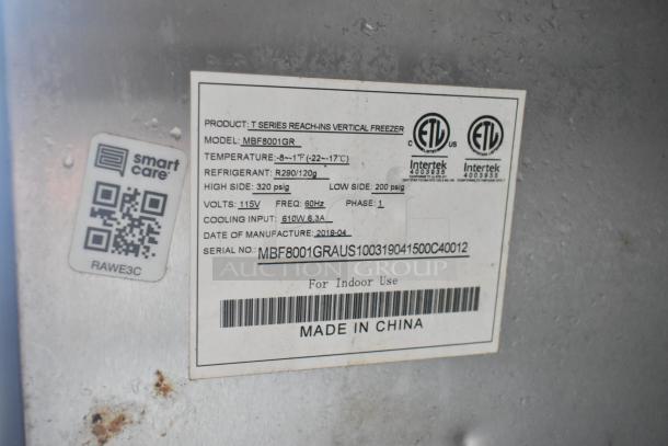 Label from T Series Reach-Ins Vertical Freezer, Model MBF8001GR. Details include refrigerant type, voltage, and manufacture date.