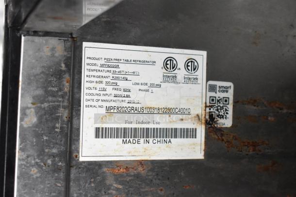 Pizza prep table refrigerator label, model MPF8202GR. Specs: 115V, 33-45°F, R290 refrigerant. Made in China. Serial: MPF8202GRAUS10031812250C40010.