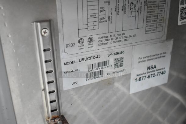Food trailer appliance label showing Model: USUCFZ-48, Serial: 6395 2504 1811 0312, UPC: 646563997212, for NSA service call details.