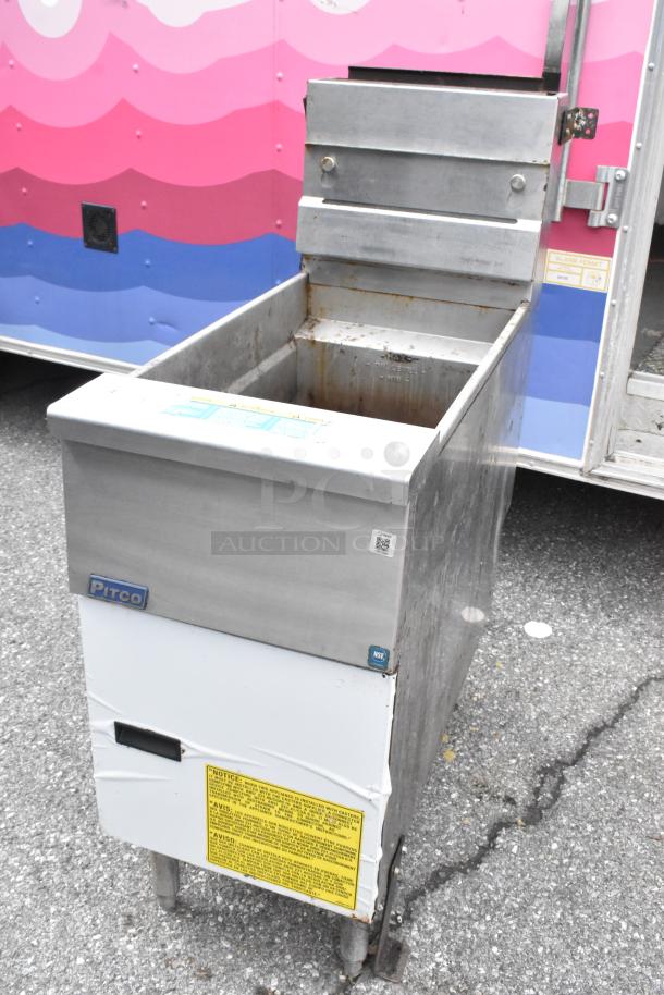 2020 Pitco Frialator SG14R stainless steel propane gas fryer, 122,000 BTU, commercial floor style, visible wear.