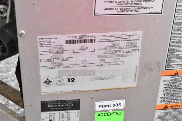 2020 Pitco Frialator SG14R fryer label, showing model, propane gas use, 122,000 BTU, and NSF certification.