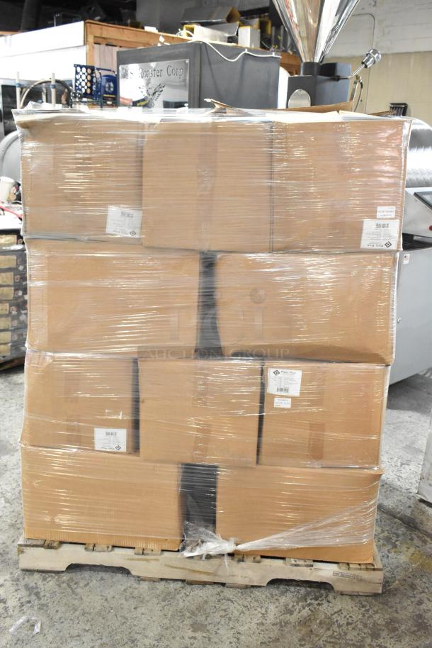 20 boxes of Pro Pak white paper handle bags on a pallet, wrapped in plastic. Boxes labeled "scratch and dent".