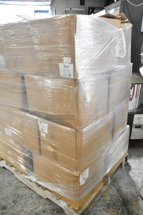 20 boxes of 200 Pro Pak white paper handle bags, scratch and dent, brand new, shrink-wrapped on a pallet.