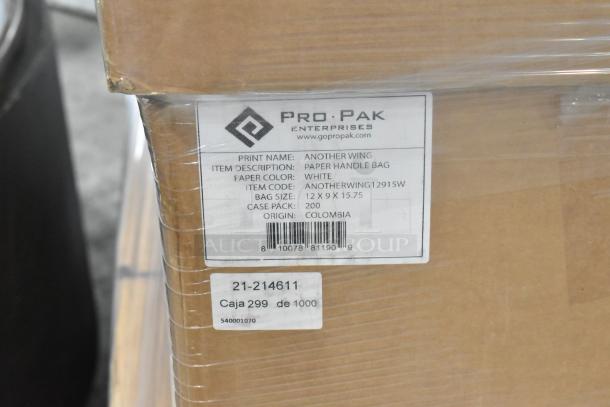 20 boxes of Pro Pak white paper handle bags, size 12x9x15.75, case pack 200, new, minor scratches, origin Colombia.