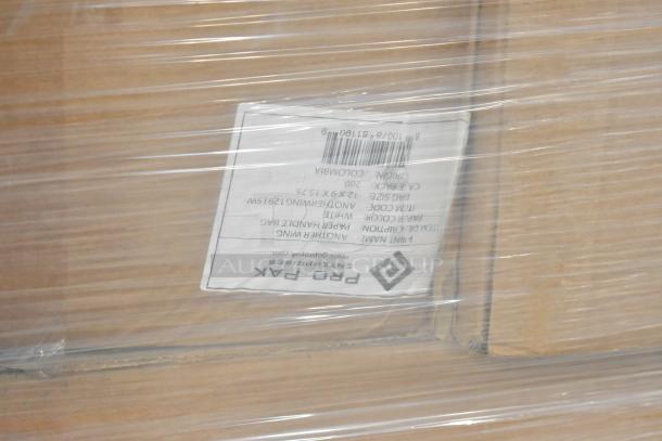 20 new scratch and dent boxes of Pro Pak white paper handle bags, 200 per box. Packaging details visible, wrapped in plastic.