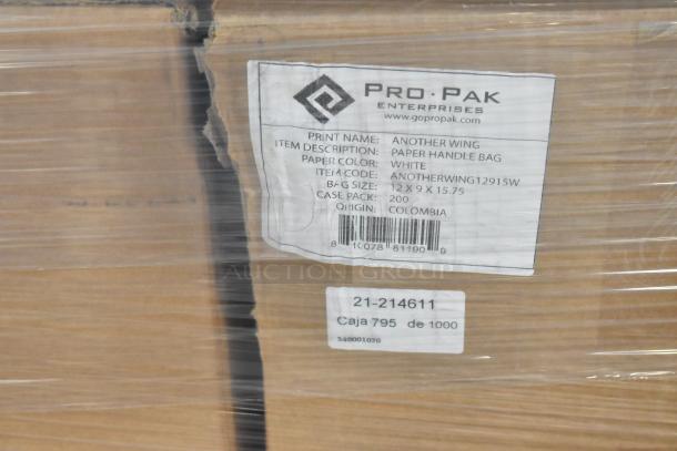 Boxes of 200 Pro Pak white paper handle bags, size 12x9x15.75, origin Colombia. Visible item code: ANOTHERWING12915W.