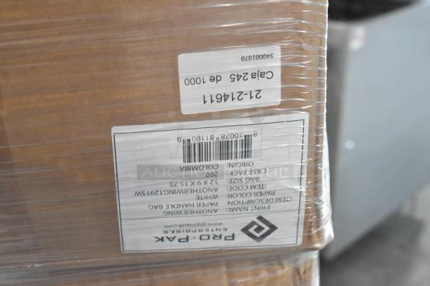 20 boxes of 200 Pro Pak white paper handle bags, scratch and dent condition, case size 12x9x15.75, origin: Colombia.