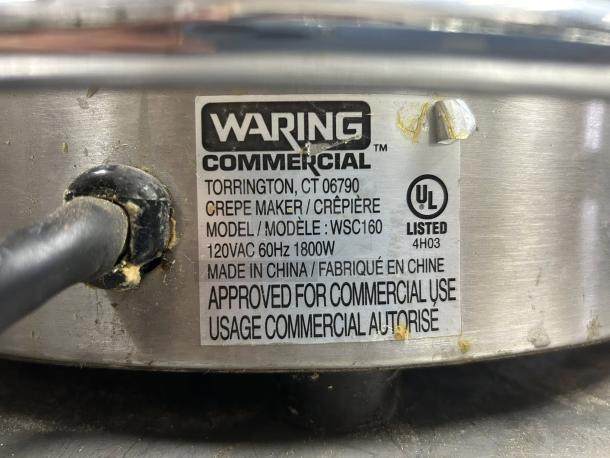 Waring WSC160 16" Electric Crepe Maker, UL listed, stainless steel, 120V, commercial use, made in China.