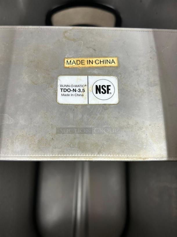 Bunn TDO-N-3.5 Iced Tea Dispenser, 3.5-gal, NSF certified, stainless steel, "Made in China" label, no handles.