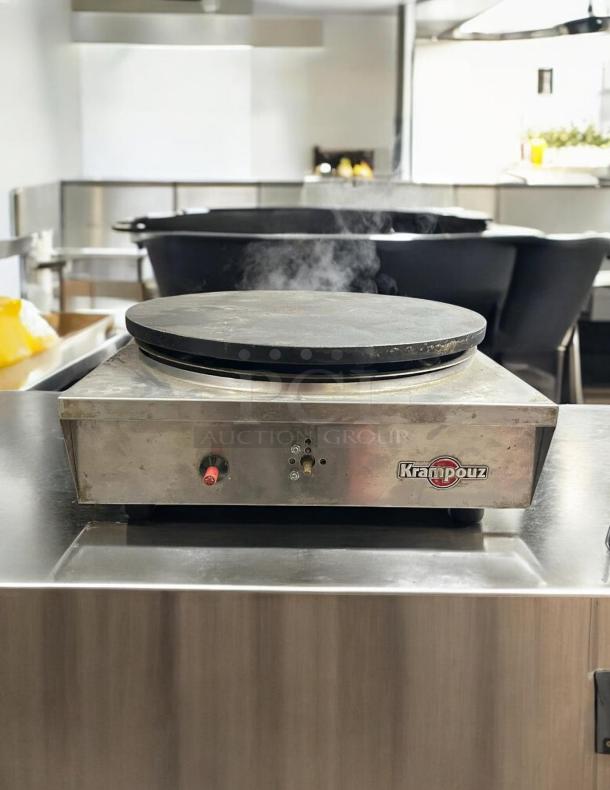 Krampouz Crepe Maker CGCIP4, gas, 15 3/4-inch diameter, excellent condition, fully tested, stainless steel base, logo visible.