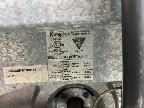 Krampouz Crepe Maker CGCIP4, gas-powered, 15 3/4" diameter, excellent condition, fully tested, UL listed, model no. 100113.