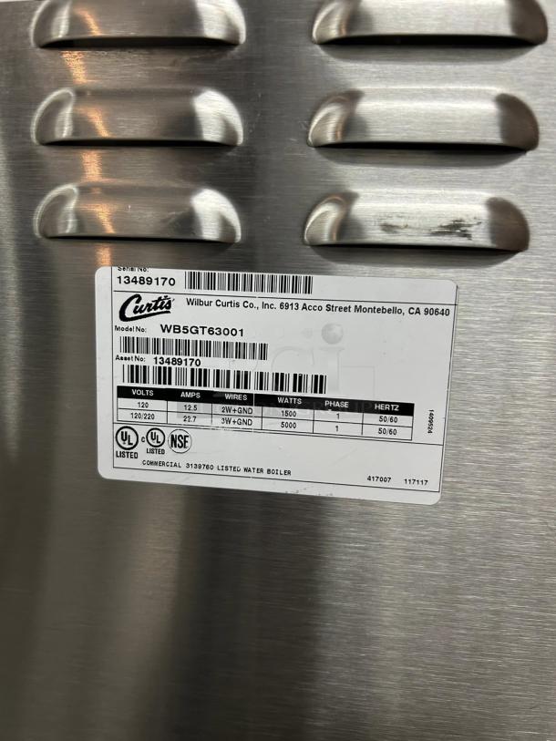 Curtis WB-5-GT Digital Hot Water Dispenser, model WB5GT63001, showing label details; excellent condition, fully tested.