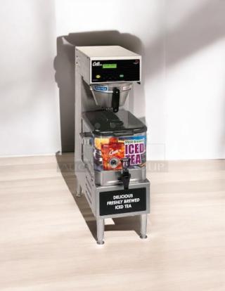 Curtis PTT-3 3-gallon iced tea brewer, tested and working. Features stainless steel body, clear display, and iced tea label.
