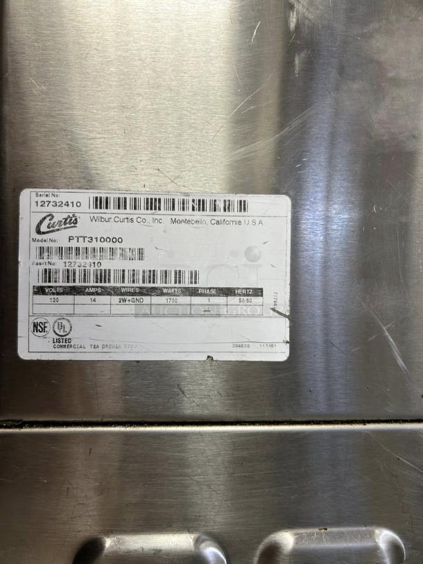 Curtis PTT-3 Iced Tea Brewer, 3 Gal, 120V, NSF listed, fully tested, excellent condition. Label shows model and specs.