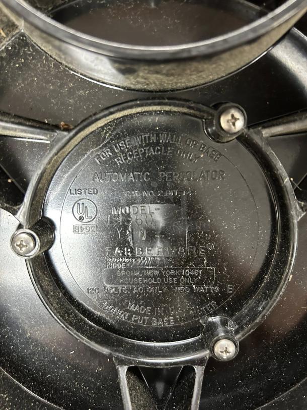 Farberware Electric Percolator, Model L-1360, black base label showing model and voltage details, fully functional.