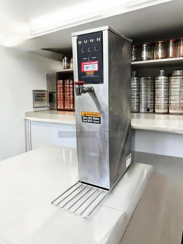 Bunn H5X-40-208 Hot Water Dispenser, excellent condition, fully tested, stainless steel, warning labels visible.
