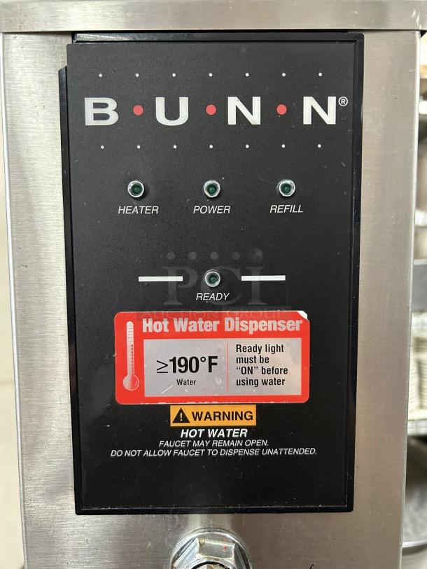 Bunn H5X-40-208 hot water dispenser, stainless steel. Features heater, power, refill lights. Tested, excellent condition.