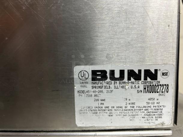 Bunn H5X-40-208 hot water dispenser, amazing condition, fully tested, visible manufacturer's label with model and specifications.
