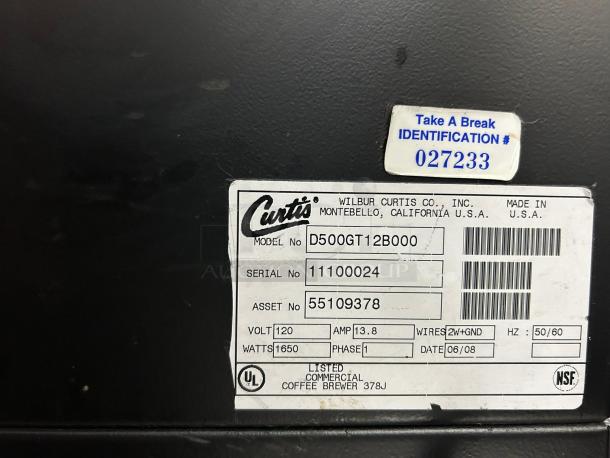 Curtis D500-GT-12B Automatic Airpot Coffee Brewer label, showing model D500GT12B000, 120V, 1650W, serial 11100024, in excellent condition.