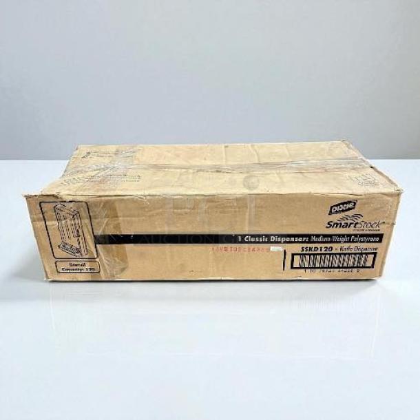 Brand new Dixie SSKD-120 Smart Stock dining utensil dispenser box, holds 120 knives, model and branding visible on label.