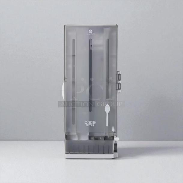 Brand new Dixie SSSD-120 Smart Stock spoon dispenser, sleek design, transparent casing. Marked "Dixie Ultra."