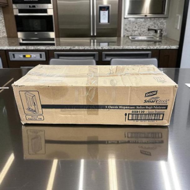 Brand new Dixie SSSD-120 Smart Stock Spoon Dispenser in unopened box, polystyrene, capacity 120 utensils, clear labeling.