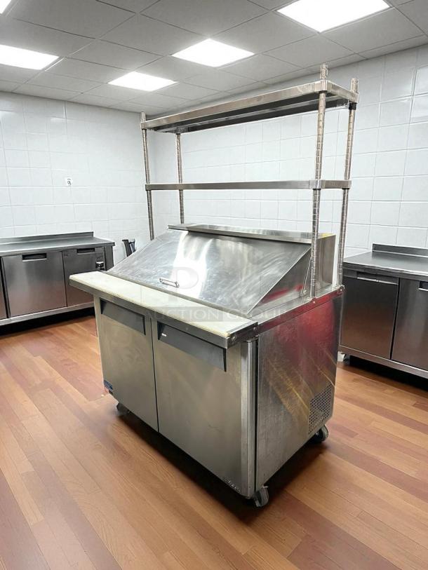 Turbo Air MST-48-18-N mega top prep table refrigerator, excellent condition, includes over shelf, model visible, fully tested.