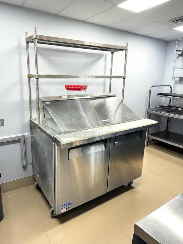 Turbo Air MST-48-18-N prep table, excellent condition, stainless steel, two-section with overshelf, fully tested, 115V.