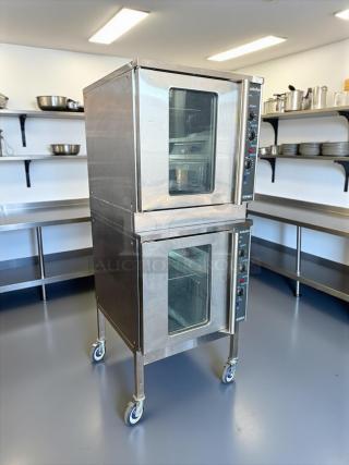 Double stacked Moffat Turbofan E32MS/2 electric convection ovens, excellent condition, on sturdy casters, fully tested and working.