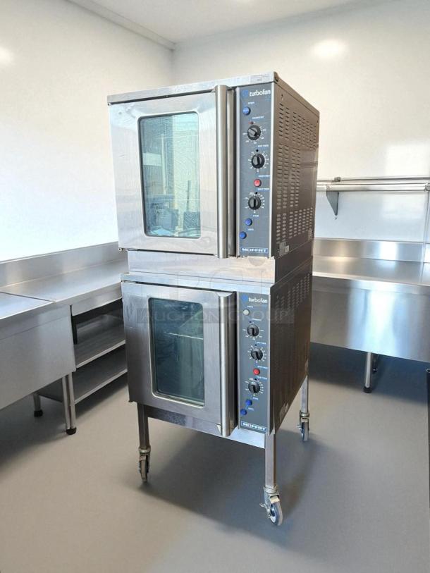 Moffat Turbofan E32MS/2 double stacked electric convection ovens, excellent condition, fully tested, stainless steel, on casters.