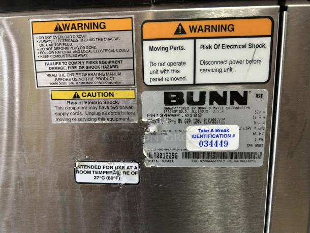 Bunn Ultra-2 beverage machine, model 34000.0522, showing warning and caution labels. Fully tested, excellent condition.