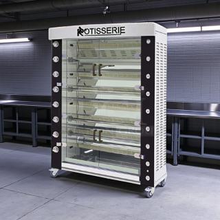 Rotisol FB1400-8G-SS gas rotisserie, 8 spits, 48-bird capacity, natural gas, excellent condition, commercial use.
