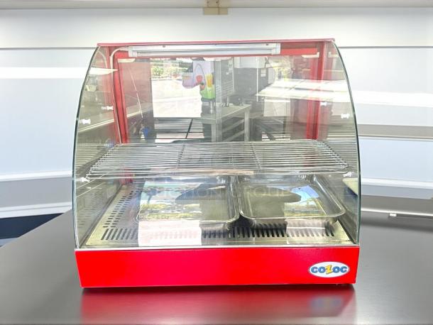 Cozoc FW5004-2 Curved Food Warmer, 1200W, 120V/60HZ, pristine condition, two trays, glass front, logo on base, fully tested.
