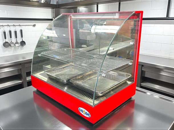 Cozoc FW5004-2 Curved Glass Food Warmer, 1200W, tested, excellent condition, red exterior, features dual shelves, 120V/60HZ.