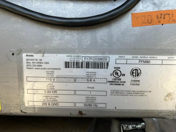 ANETS FFM80 commercial fryer filter in amazing condition, 80 lb capacity, tested and working. UL and ETL listed, 115V, 0.64 kW.