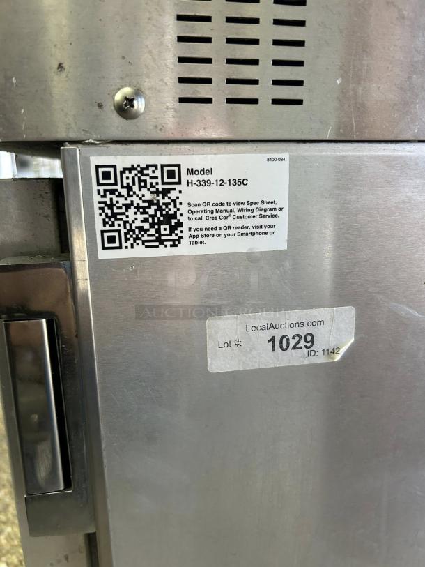 Cres Cor H-339-12-135C insulated aluminum countertop holding cabinet in great condition. Model details and QR code visible.