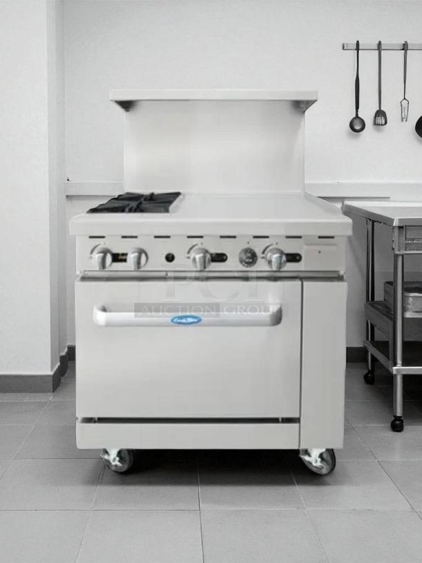 Atosa AGR-2B24GR gas range, 36", 2 burners, 24" griddle, with oven. Excellent condition, fully tested.