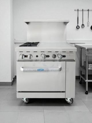 Atosa AGR-2B24GR gas range, 36", 2 burners, 24" griddle, with oven. Excellent condition, fully tested.
