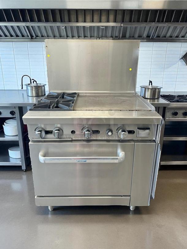 Atosa AGR-2B24GR CookRite 36" gas range in amazing condition; features 2 burners, 24" griddle, oven; fully tested and working.