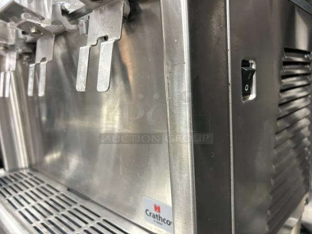 Crathco CS-4E-16-290 drink dispenser, silver, four 2.4-gal bowls, pre-mix, 120v, pristine condition, Crathco logo visible.
