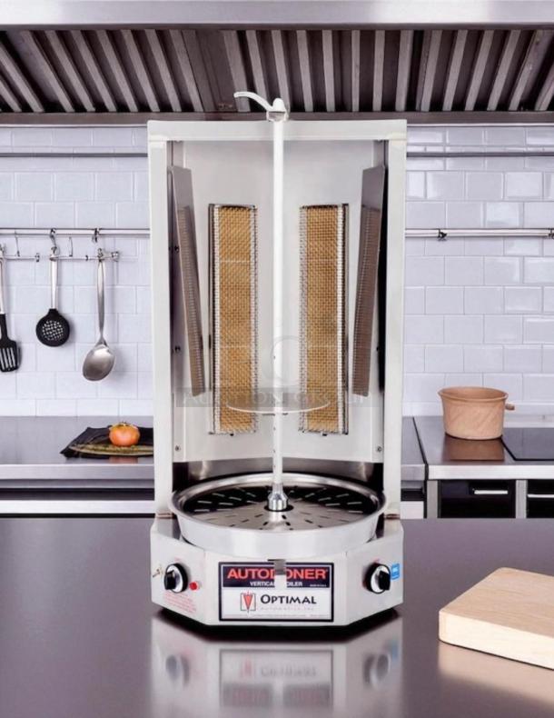 Optimal Automatics 3-PG Autodoner 65 LB. Gas Vertical Broiler & Rotisserie, excellent condition, 120v, fully tested.