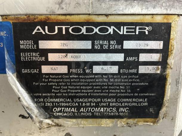 Optimal Automatics 3-PG Autodoner gas vertical broiler & rotisserie label, 65 lb. capacity, 120v, model 3-PG, serial no. 13129.
