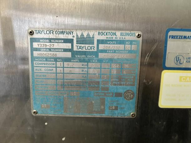 Taylor Y339-27 Gravity Ice Cream Machine, 208/230V, 1 Phase, model plate visible, amazing condition, fully tested.
