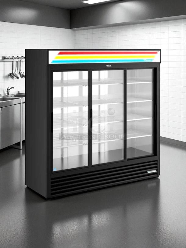 True GDM-69 black refrigerated sliding glass door merchandiser, 78 1/8", excellent condition, fully tested, with vibrant branding.