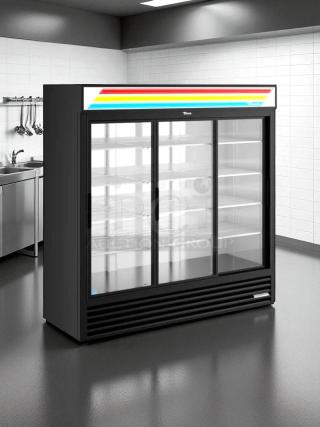 True GDM-69 black refrigerated sliding glass door merchandiser, 78 1/8", excellent condition, fully tested, with vibrant branding.