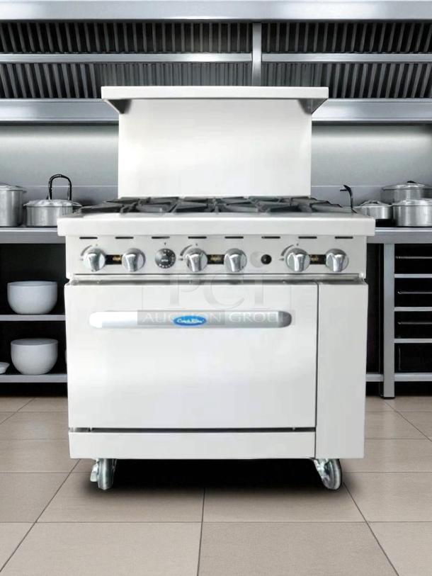 Atosa AGR-6B CookRite 36" gas range with 6 burners and oven; 32,000 BTU; excellent condition; fully tested and working.