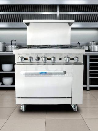 Atosa AGR-6B CookRite 36" gas range with 6 burners and oven; 32,000 BTU; excellent condition; fully tested and working.